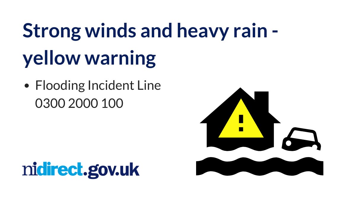 A <a href="/metofficeni/">Met Office - Northern Ireland</a> weather warning is in place for strong winds and heavy rain today into tomorrow - travel disruption, fallen trees, power cuts and flooding possible. 
Flooding Incident Line number 0300 2000 100. 
Info and advice: nidirect.gov.uk/news/strong-wi… 
<a href="/deptinfra/">Department for Infrastructure</a>
#StormBarra