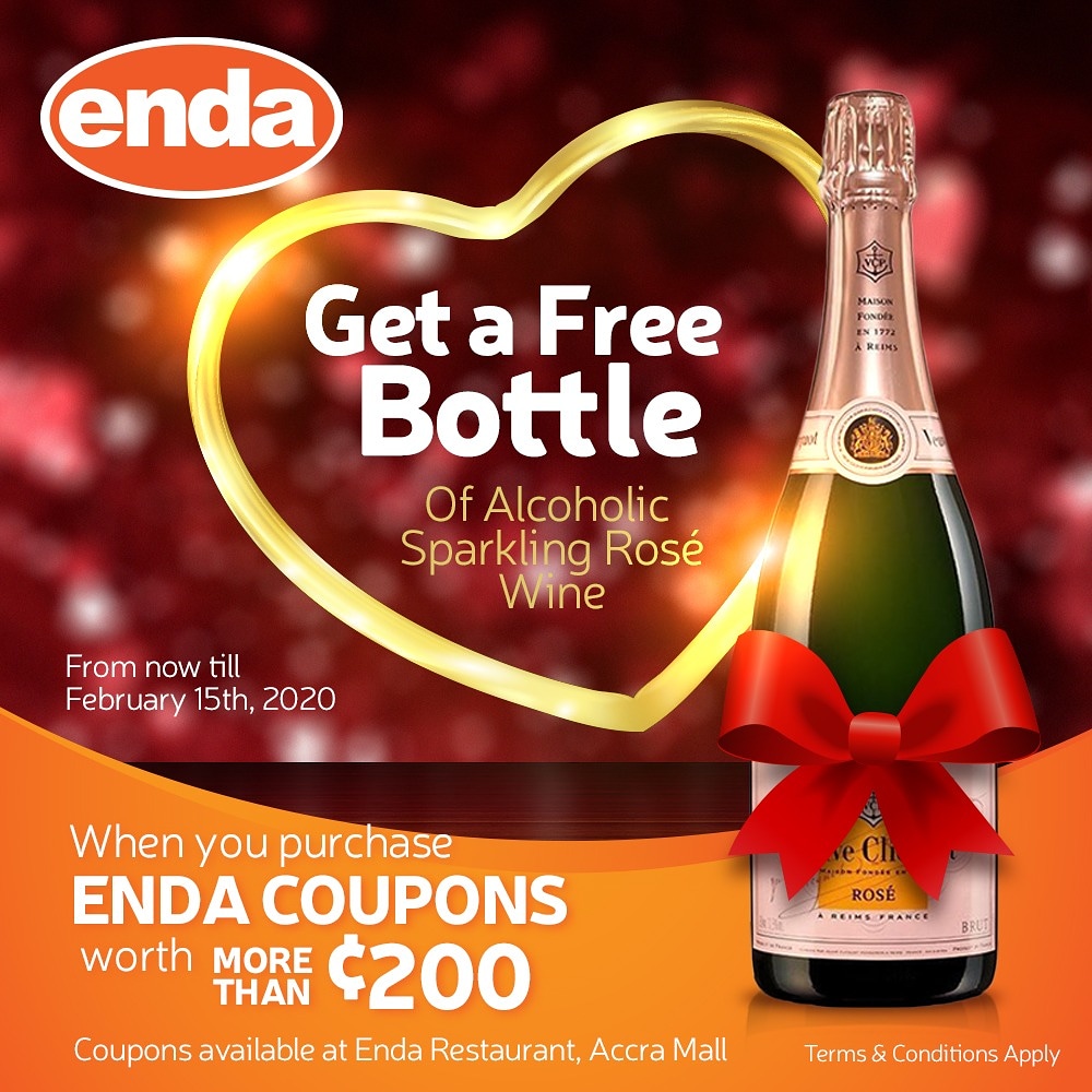 endafoods's tweet photo. It's  the month of love and Enda wants to show it's cherished clients some love.. Purchase Enda coupon worth more than Ghc200 and  get a free bottle of  alcoholic sparkling rosè wine.. Available at Accra Mall.
Enda Foods....Simply for your pleasure!! #endafoods #valentinesday
#gh https://t.co/WPNeL42g4g