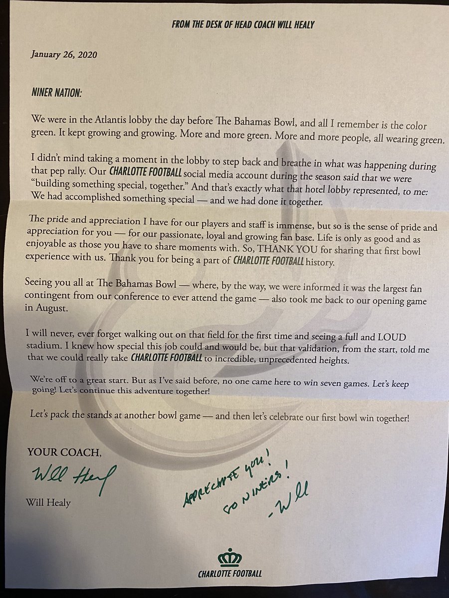 Top to bottom, we love how much emphasis our @Charlotte49ers athletics puts on appreciating the fans and athletes these days.... awesome to get letter from @Coach_heals with appreciation for attending @TheBahamasBowl #servantleader #thatsourcoach
