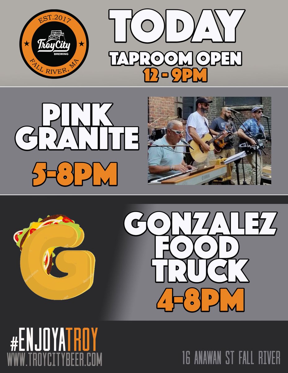 TroyCityBrewing's tweet photo. #enjoyatroy with us today! We have Pink Granite performing live in our taproom 5-8 and @gonzalezfoodtruck  on site cooking up your favorite Mexican fare 4-8pm! Taproom open 12-9pm!
#troycitybrewing #fallriverma #theriv #nanobrewery #livemusicandcraftbeer #craftbeerandfoodtrucks https://t.co/vpVANtnOP1