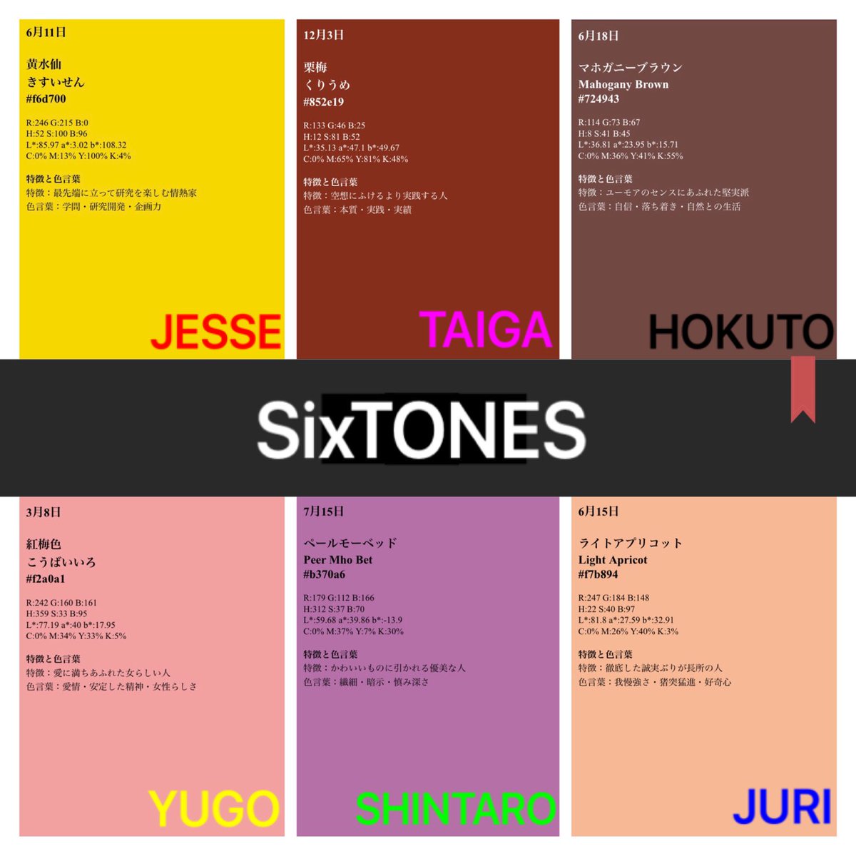 めいめい バースデーカラーなるものを知ったので メンバーの誕生日とsixtones誕生日 結成日 を調べてみた 特徴や色言葉がぴったり Jr 時代の楽曲も Imitation Rainとtelephoneとnew Worldも そしてこれから歌う曲達も誰からも愛される人気曲になると