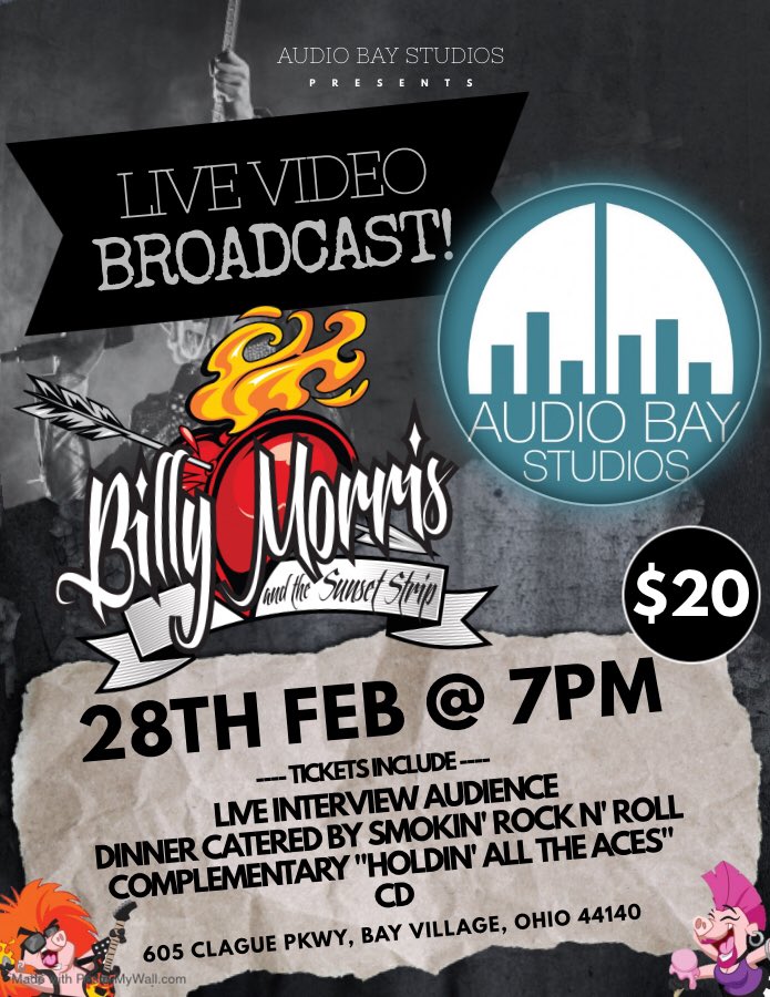 🎸Rock N’ Roll dinner and a show!🤘Tickets are limited!
Message us below or email
contact@billymorrisband.com🎸billymorrisband.com 🎸
#rocknroll #heavymetal #livemusic #livevideostreaming #liveinterviewaudience #audiobaystudios #audiobay #smokinrocknroll #foodtruck #smokedbbq