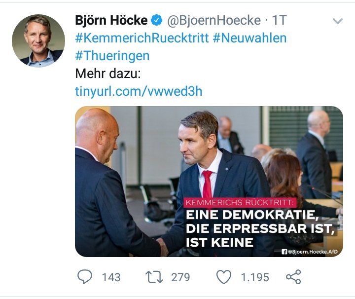 Wie passend. Denn ein "Demokrat", der die Institutionen und Mechanismen der #Demokratie verachtet und sie mit "konstruktiv-destruktiven" Manövern versucht vorzuführen ist keiner.
#noAfD #ThueringenWahl #Thueringen #Hoecke