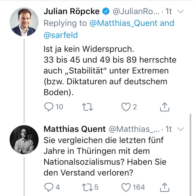 Ein leitender BILD-Redakteur vergleicht die Amtszeit von Bodo Ramelow mit dem Nationalsozialismus.

Thüringen zeigt: Wenn wir dieser Hufeisen-Ideologie nicht konsequent zurückweisen, wird es genau dieser gefährliche Unsinn sein, der die AfD irgendwann an die Macht bringt