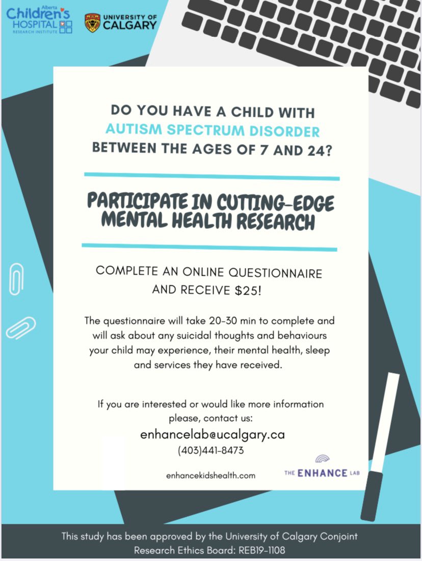 CarlyMcMorris's tweet photo. The #enhancelab wants to better understand the mental health needs of autistic children and youth. If you are a parent of a child or youth with autism, we want to hear from you! Please RT! #mhinasd #autism #suicideinasd https://t.co/cgKAWPtgim