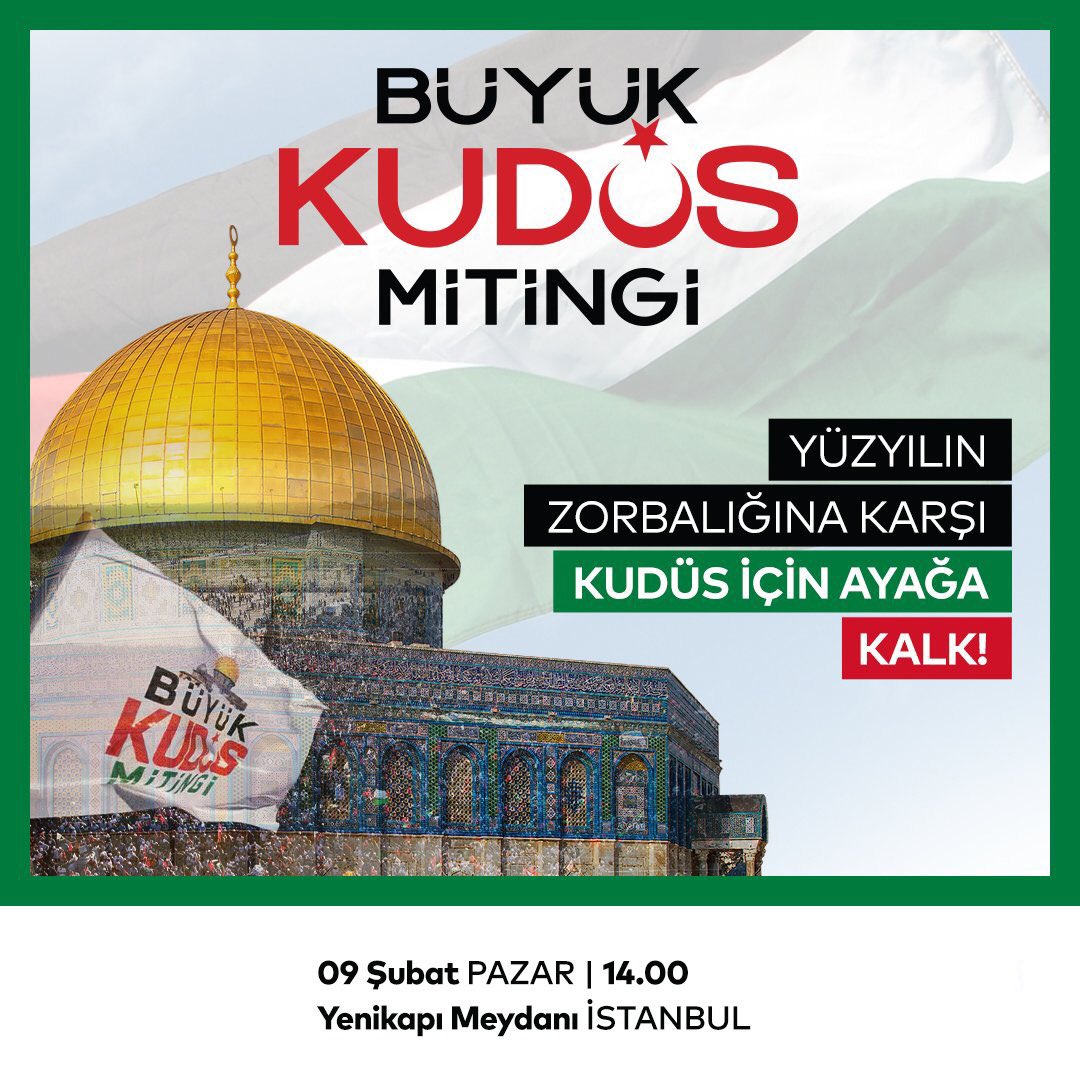 Filistin; insanlığın kanayan yarası, hepimizin ortak meselesidir.

Filistin topraklarına el koymak isteyenlere karşı tüm kalbimizle “Hayır” diyor, Genel Başkanımız Sayın Ahmet Davutoğlu’nun da iştirak edeceği yarınki  Kudüs Miting’ine tüm İstanbullu kardeşlerimizi davet ediyoruz.