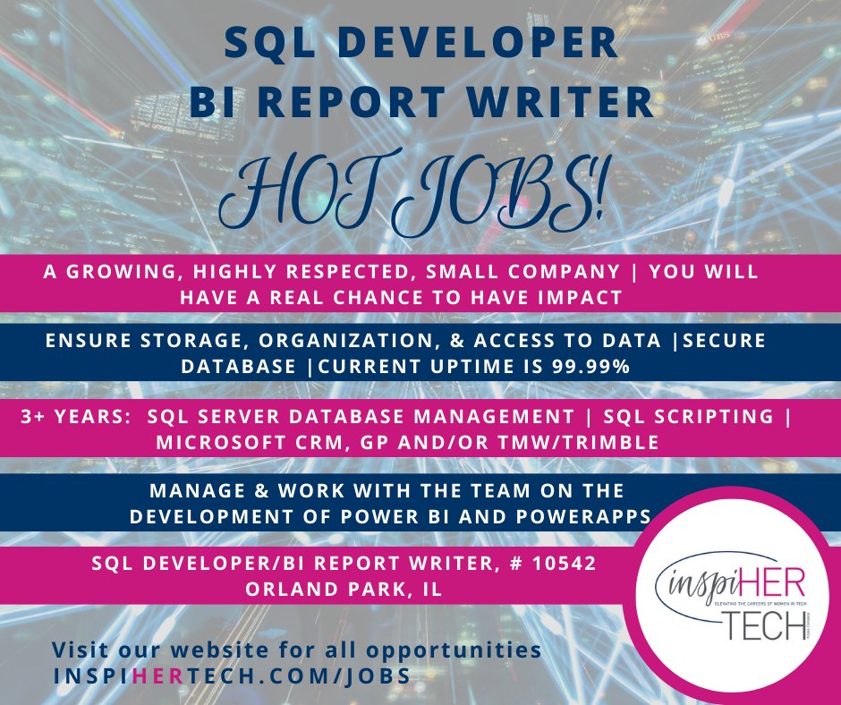InspiHerTech's tweet image. Ready for a new opportunity? Want to work in the city near the train? Are you a SQL developer? We are looking for someone with 3+ yrs experience to join a company that is a leader in their industry. buff.ly/32noGql #sql #sqljob #itjobs #sqldeveloper #data