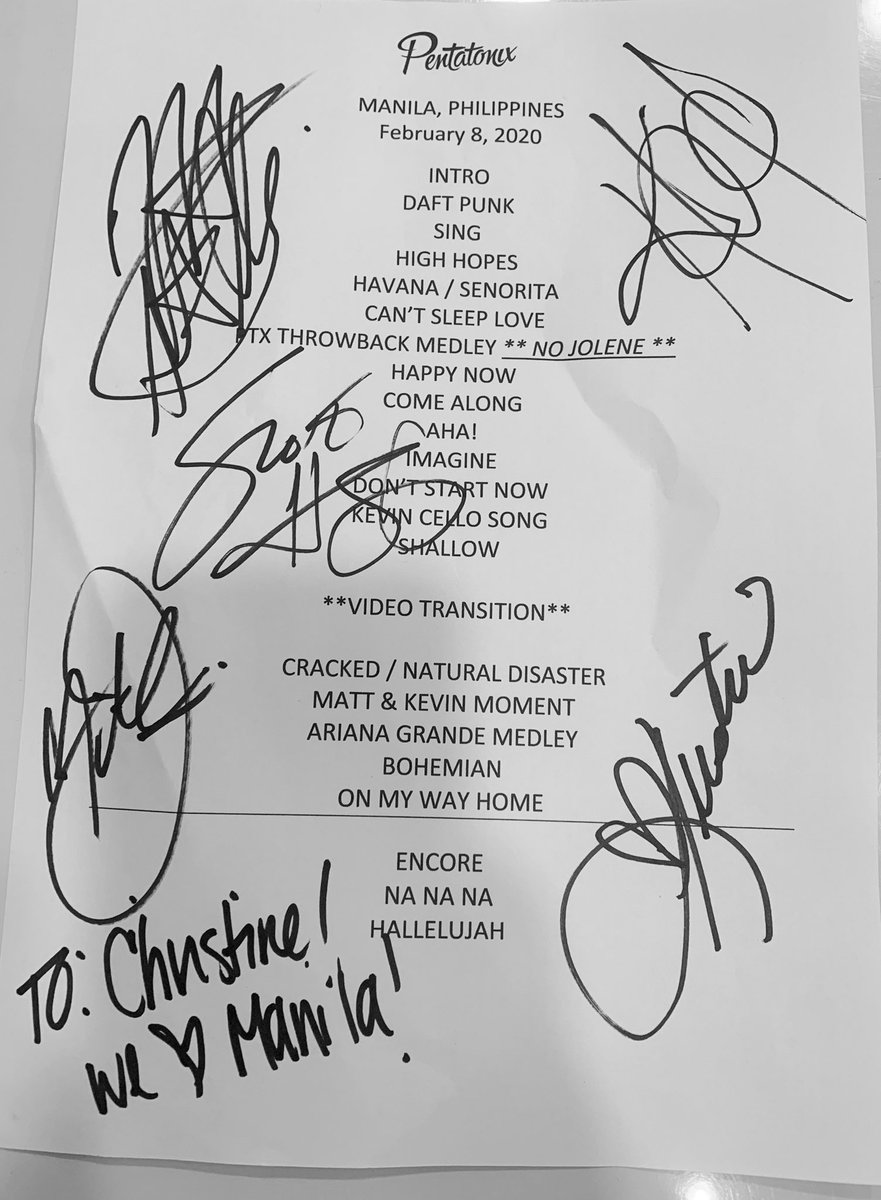 PTXofficial's tweet image. Our virtual signed set list is back!Ready to find out tonight’s winner? Congrats @ptxchristine! Thanks for sharing your experience with us! #PTXTheWorldTourMLA #PTXTheWorldTour