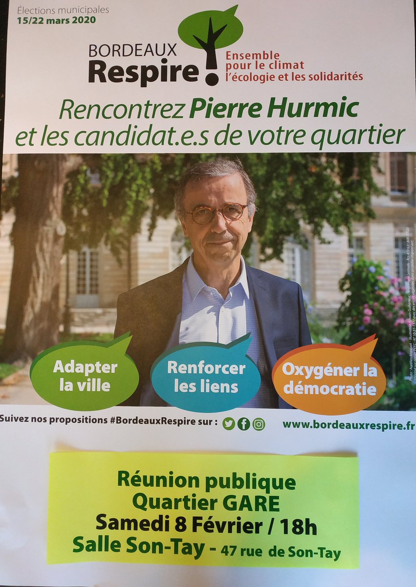 📣 Ce soir 18h : Réunion publique #BordeauxRespire salle Son Tay #Bordeaux Belcier : Venez rencontrer et échanger avec <a href="/PierreHurmic/">Pierre HURMIC</a> <a href="/EmmanuelleAjon/">Emmanuelle Ajon</a> et les candidat(e)s de votre quartier. #ecologie #solidarite #democratie