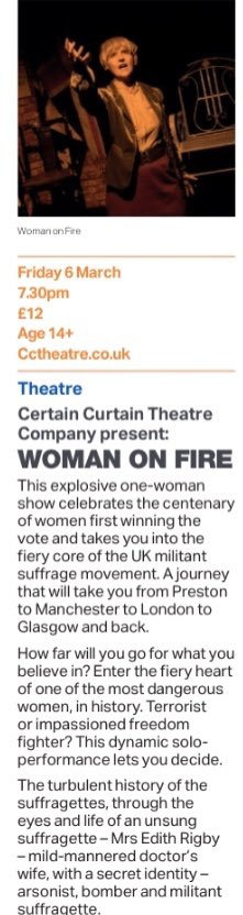 @OtleyCourthouse @visitotley @LeedsInspired @WharfedaleMum @IlkleyChat @NLeedsMumbler Yay! We are on page 5 #WomanOnFire the original #suffragette drama telling the story of an unsung suffragette from @cctheatreco March 6th #iwd #IWD2020