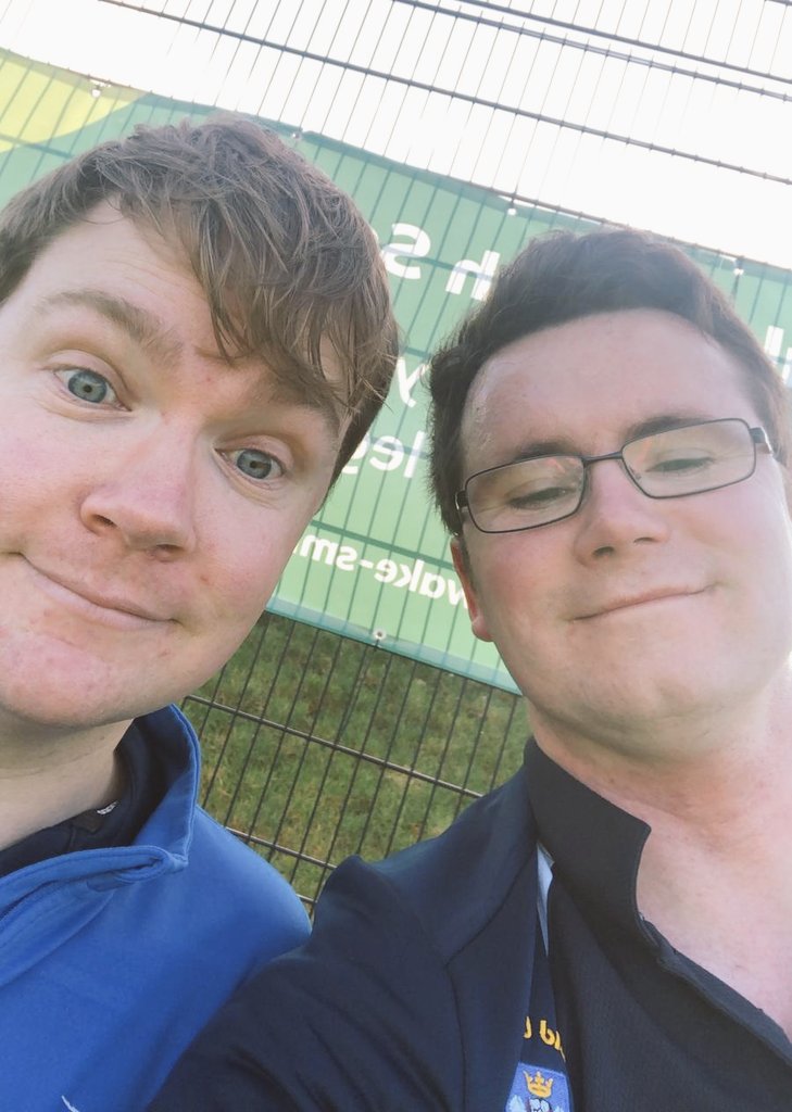 SheffBankersHC's tweet photo. #sidelineselfie from @ct1491 and #tw7 whilst the students do the running in a 5-3 win vs @brigghockeyclub at #norton. Explicit 2, Alt 2 and Rawhide the scorers. 💪💥 #winnersaregrinners #sheffield #yorkshirehockey https://t.co/EdwB2fBXfn