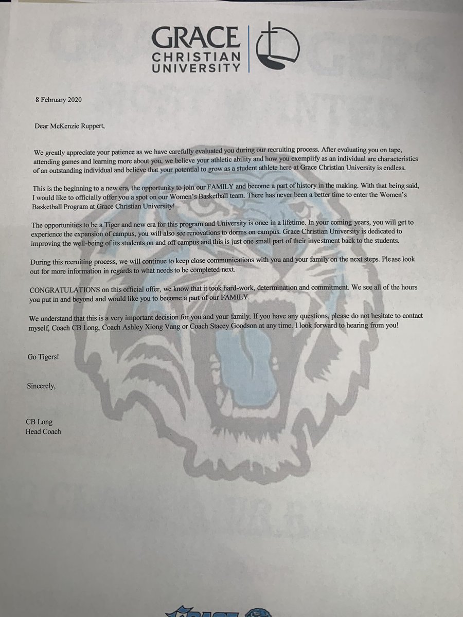 McKenzieRupper1's tweet photo. I am blessed and honored to announce that i have received an official offer to further my education and basketball career and Grace Christian University! #GoTigers 💙🖤 https://t.co/lhlLRmy3gk
