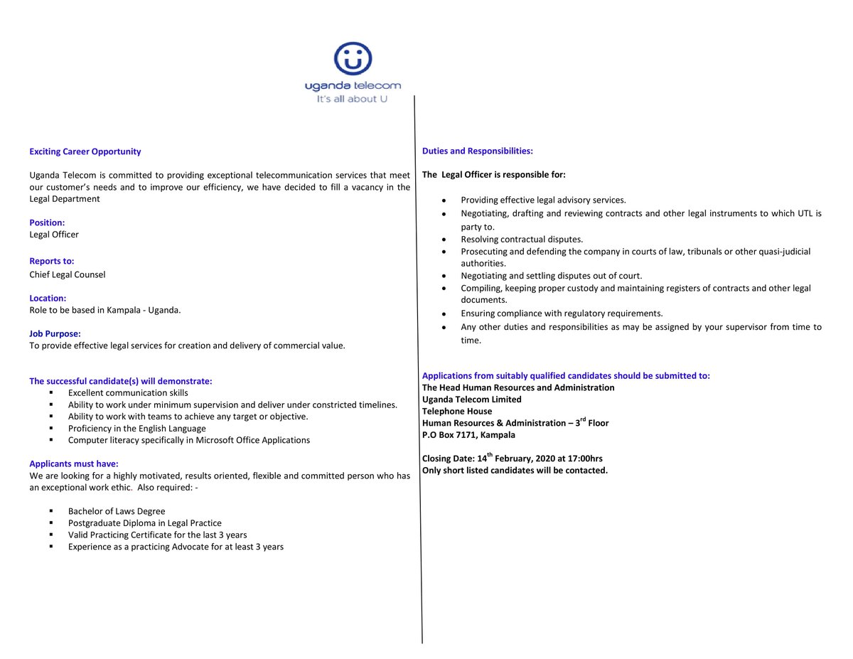 BarandBenchAFRQ's tweet photo. JOB OPPORTUNITY - UGANDA TELECOM
LEGAL OFFICER
@Uganda_Telecom has an open vacancy for a Legal Officer.
EXPERIENCE: 3 years
MORE: https://t.co/Fj3ZG7va11
DEADLINE: 5PM, 14TH FEBRUARY, 2020
#Barandbenchafrica #LegalJobs #Uganda #lawyers #BBAINHOUSE #UgandaTelecom #bbalegaljobs https://t.co/TwLMLsvpOl