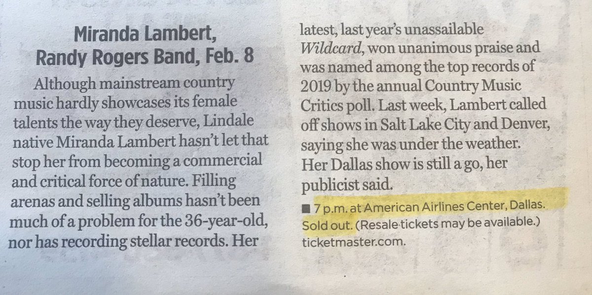 Currently turning through the pages of the Dallas Morning News...looks like we got ourselves a sold out show tonight. <a href="/mirandalambert/">Miranda Lambert</a> @RandyRogersBand <a href="/ParkerMcCollum/">Parker McCollum</a> #wildcardtour