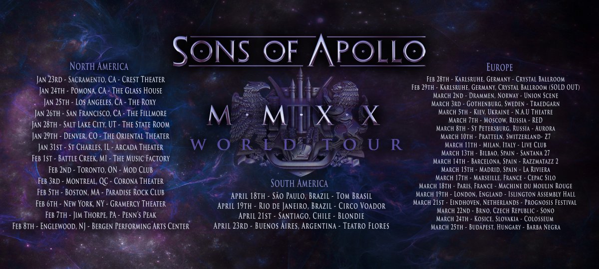 Last date before heading to Europe ..

.<a href="/SonsOfApollo1/">Sons Of Apollo</a>
<a href="/MikePortnoy/">Mike Portnoy 🤘</a> <a href="/DerekSherinian/">Derek Sherinian</a> @Bumblefoot @JeffScottSoto @BillyOnBass
<a href="/insideouteu/">InsideOutMusic</a>
#MMXXWORLDTOURNORTHAMERICA

Today: 
Feb 8 Englewood, NJ - Bergen Performing Arts Center