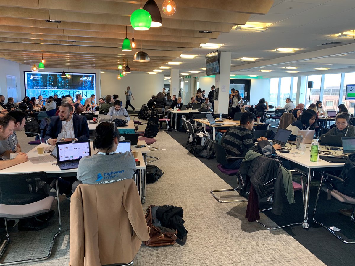 CPCatapult's tweet photo. Just under 21 hours still to go for the @HighwaysEngland #hackathon at Connected Places Catapult Milton Keynes office, and the 20 teams are starting to find fascinating solutions to challenges #HighwayHackathon https://t.co/4sfdwJMT4m