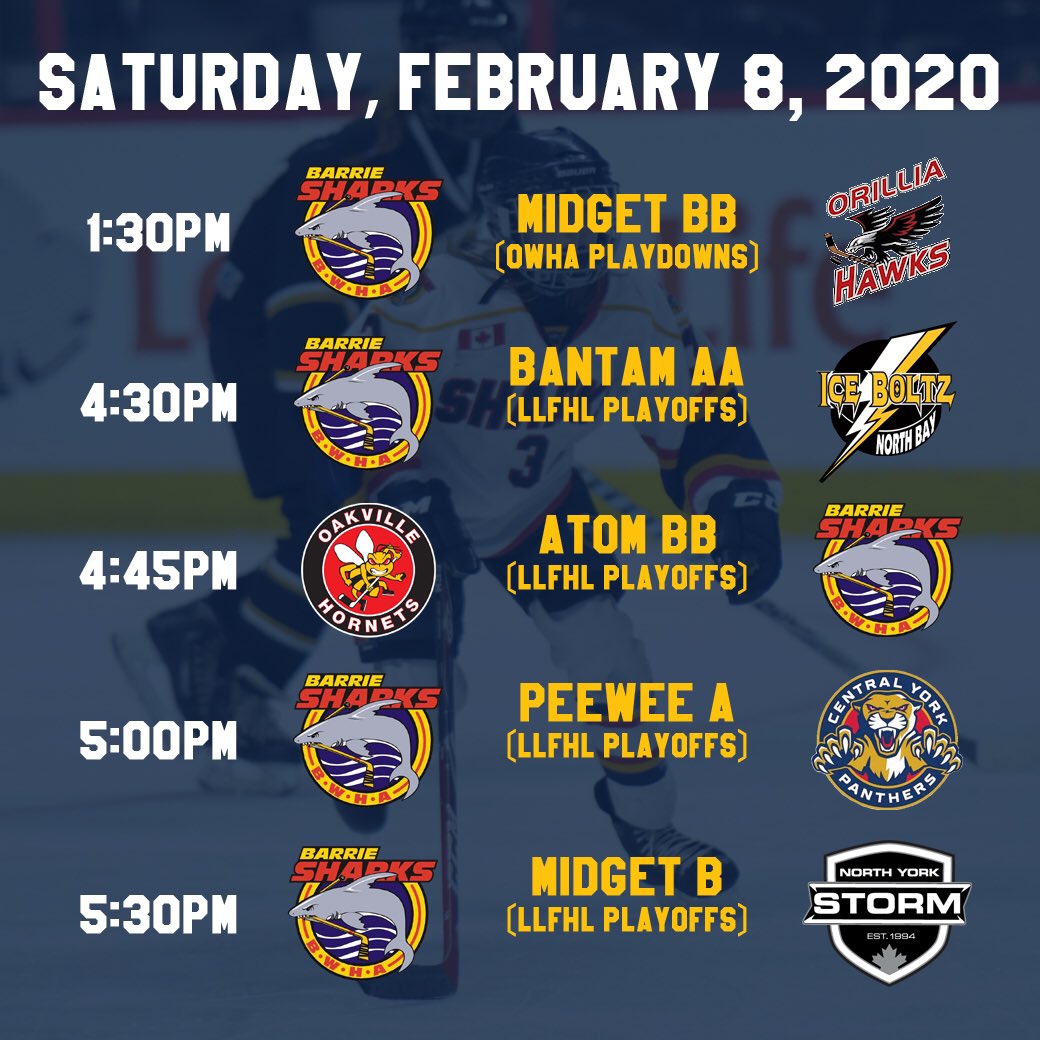 BarrieSharks's tweet photo. Busy day for our Sharks competitive teams! 9 games today, kicking off with an OWHA Regional Playdown game between Midget BB (Scott) and the Orillia Hawks, and wrapping up with a LLFHL Playoff game between Intermediate A and the Oshawa Lady Generals. #GOSHARKSGO #LLFHL #OWHA https://t.co/TnkcUhsHA2