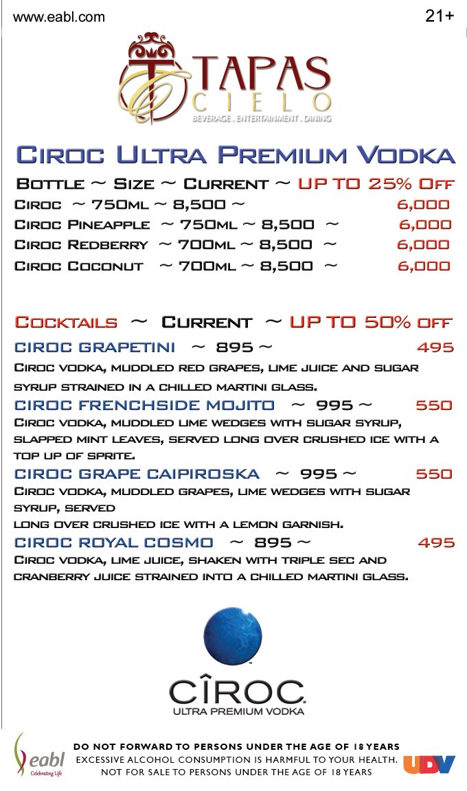 tapas_gold's tweet photo. It's Mombasa's premier night at the exclusive Tapas Cielo Cocktail Bar & it's all about Ciroc Vodka Tonght...
#primenight @DjFlaxx @DJDENNZ254 @IAMDEEJAYBLAIZ
#beverage 🍸 #entertainment 🎼 #dining 🍽️ #lovefood 🍕 #lovecocktails 🍹🍸🍷#lovewhisky 🥃 #lovewine 🍷#bestdrinks🍹 https://t.co/ShZoxUI4t7