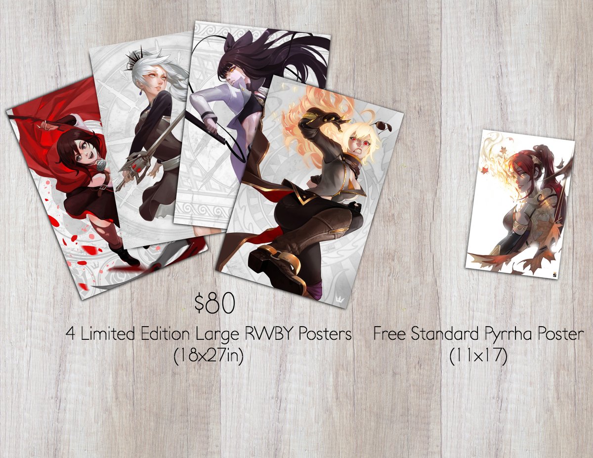 Hunters and Huntresses! An opportunity has arisen for you!
To Celebrate the end of #RWBY Season 7 for a limited time get:

4 RWBY Huntress Posters(18x27 LARGE Size) &amp; Free Pyrrha!
OR
Weiss Schnee Fabled Tribute Poster(18x36) &amp; Free Pyrrha!

https://t.co/xB1Hx50MZq

#RWBYV7 