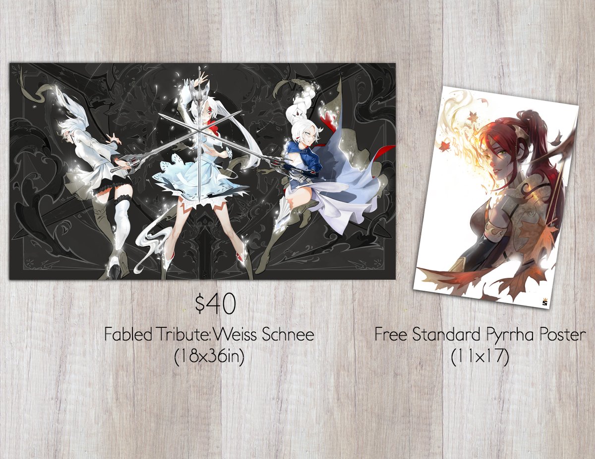 Hunters and Huntresses! An opportunity has arisen for you!
To Celebrate the end of #RWBY Season 7 for a limited time get:

4 RWBY Huntress Posters(18x27 LARGE Size) &amp; Free Pyrrha!
OR
Weiss Schnee Fabled Tribute Poster(18x36) &amp; Free Pyrrha!

https://t.co/xB1Hx50MZq

#RWBYV7 