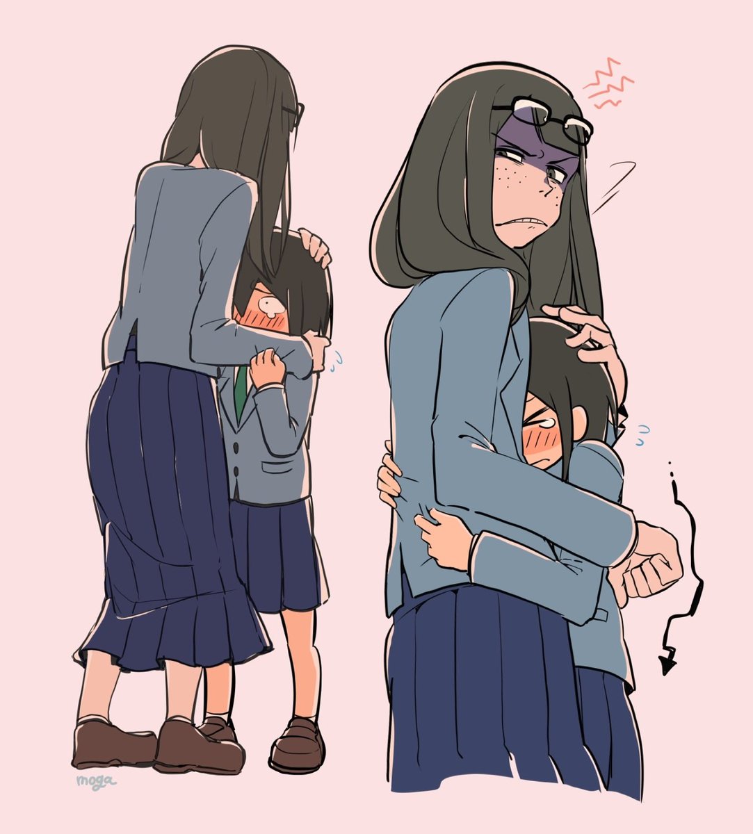 freckles multiple girls skirt school uniform hug eyewear on head jacket  illustration images