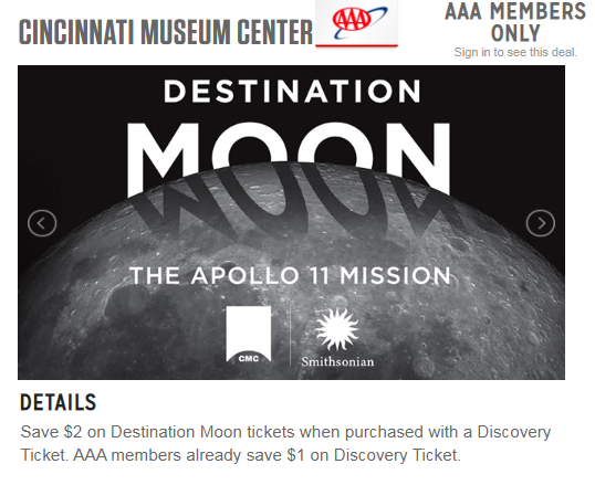 CincyMuseum's tweet photo. AAA Members can save on #DestinationMoon: https://t.co/6RMgUnU6wK! Save $2 on Destination Moon tickets when purchased with a Discovery Ticket! AAA members already save $1 on Discovery Ticket. About the exhibition: https://t.co/2CnyPWPLp6. #CMCmoon is open through Feb 17, 2020. https://t.co/1mhDM5tbNX