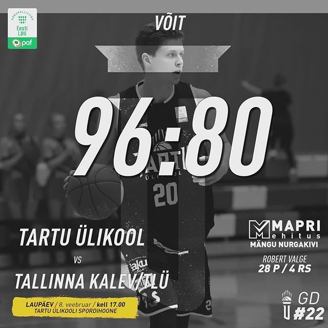 Väga hea kolmesepäeva toel (17/32) teenisime @PafLeague tabelisse kaheksanda võidu ja seda @kalevtlu üle skooriga 96:80.

#MapriNurgakivi oli <a href="/valgerobert/">Robert Valge</a> kokku 28 punkti ja nelja korvisööduga, kolmesed seejuures 6/8.

Aitäh publikule, kes korraliku mürg… ift.tt/2ulXPAh