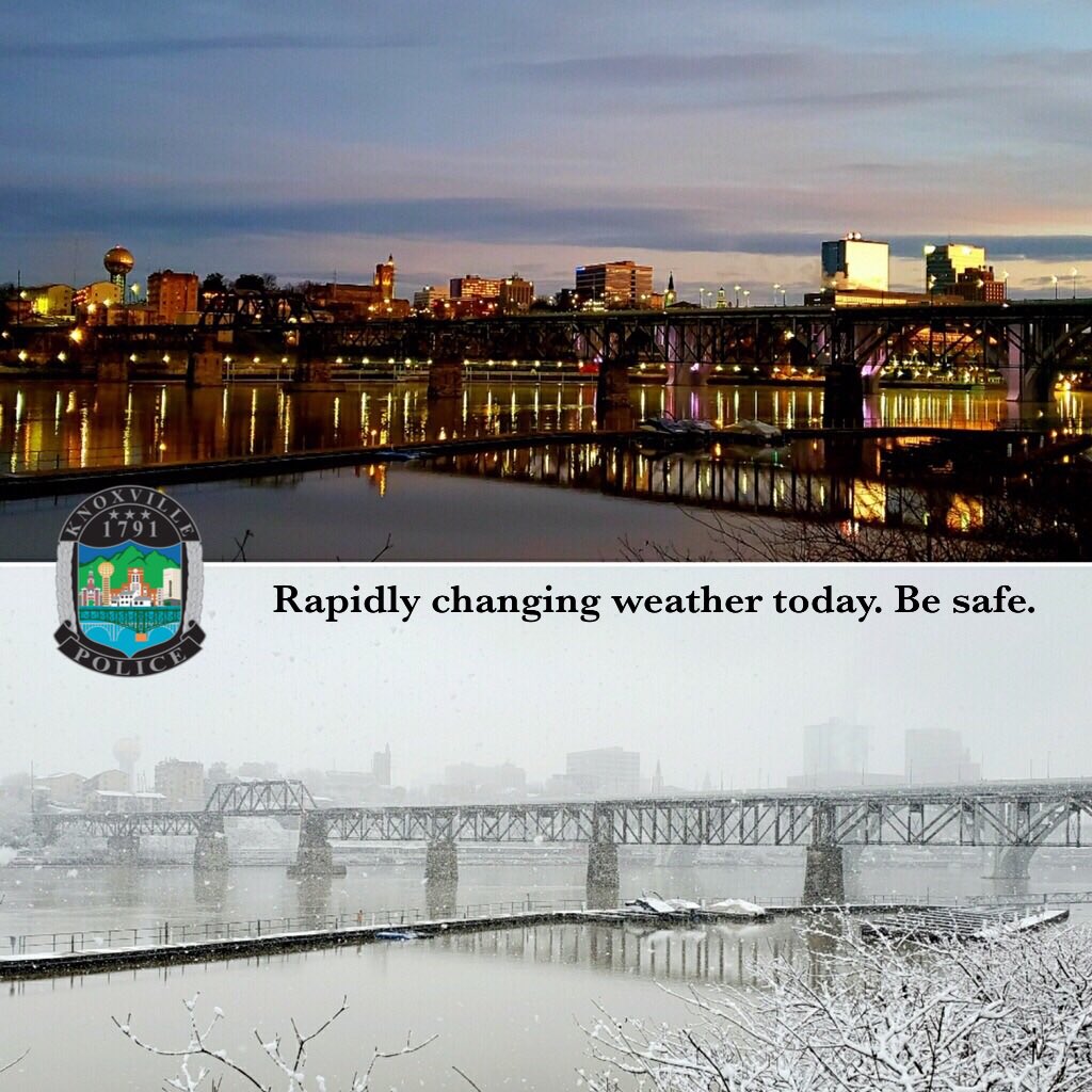 Knoxville_PD's tweet image. The top picture was taken at 7am today, the bottom picture was taken at 11am today. Needless to say, the weather is rapidly changing in Knoxville. Please be safe and give yourself extra time if you must travel.