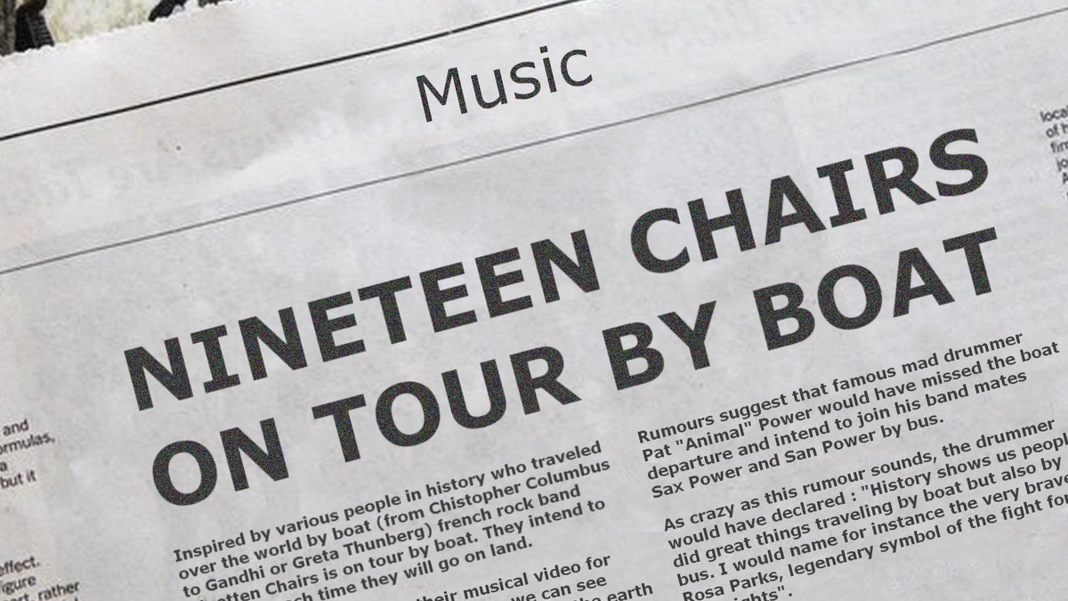 nineteenchairs's tweet photo. This is the beginning of a new year and we are focusing on making a new #musicvideo, this time for our #song "One day one man". Here is a sneak preview of this upcoming video. #newspaper #GretaThunberg #RosaParks #Gandhi #parody #cruiseship https://t.co/MCJ57oDb0V