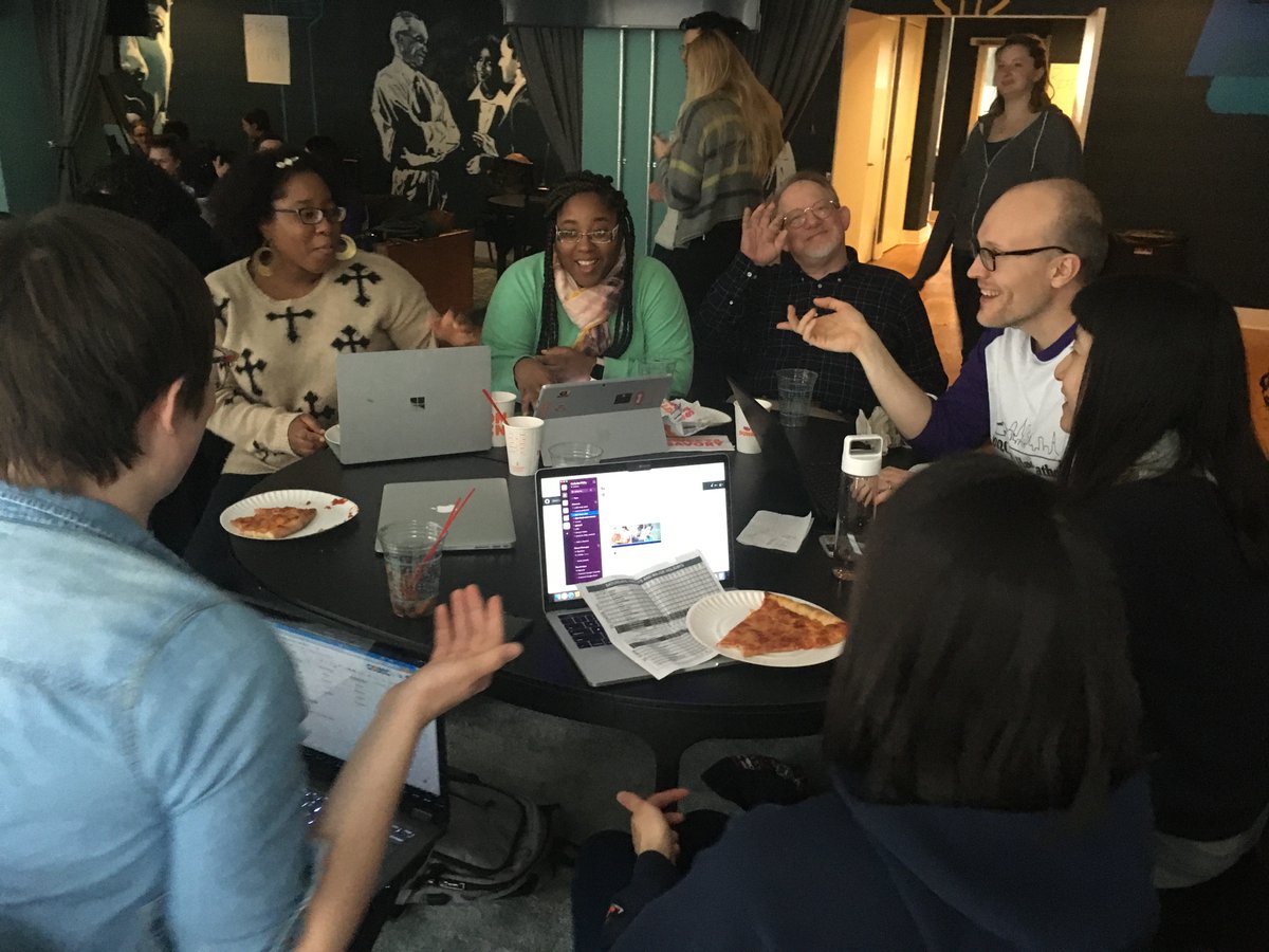 CodeForPhilly's tweet photo. Having a great time hacking at @healthunion - today is day 1 of the #2020DataHackathon and teams have been formed! It's not too late to participate in a group. Find us on Slack https://t.co/klp7dO6aRh https://t.co/OD0C3JAtoe