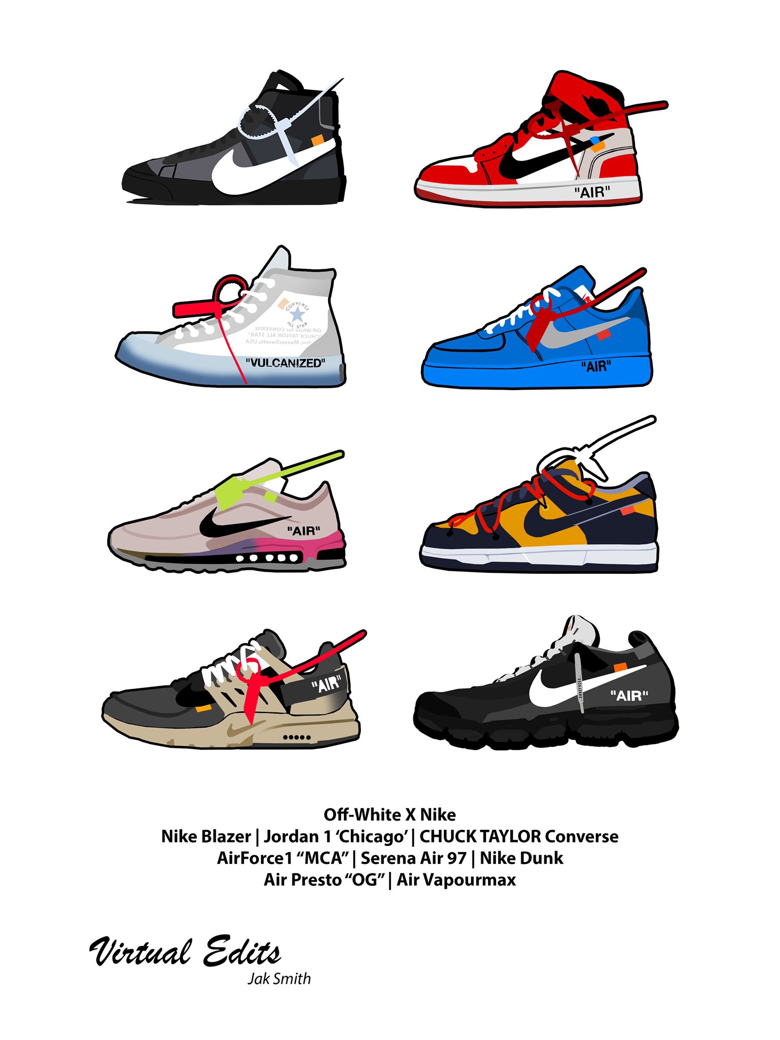 Asimilar descuento corte largo AllVirtualEdits on Twitter: "!NEW DESIGN! - Off-White X Nike collection  poster now available! With 8 of the best sneakers from this colab!  Available for purchase on poster print or canvas! Get in