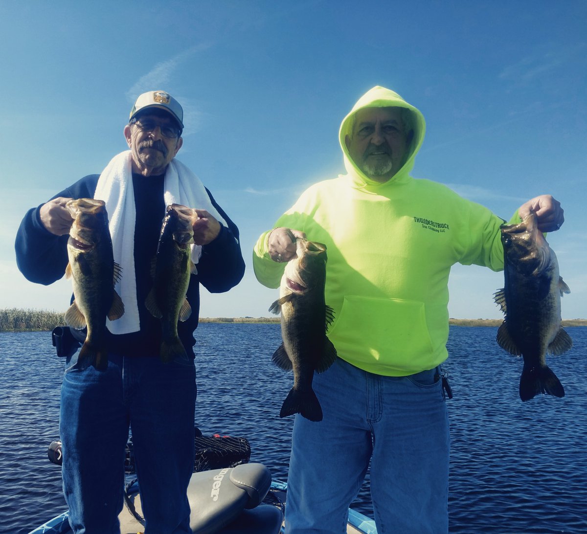 Slow but fun morning with repeat clients Mike and John from S.C. We are doing two days, 3 boat with Capt. Rob and Capt. Larry. With water temps dumping out 8 degrees overnight they definitely weren't jumping in the boat. <a href="/Bassonline/">BassOnline</a> @OutkastTackle <a href="/CostaSunglasses/">Costa Sunglasses</a>
