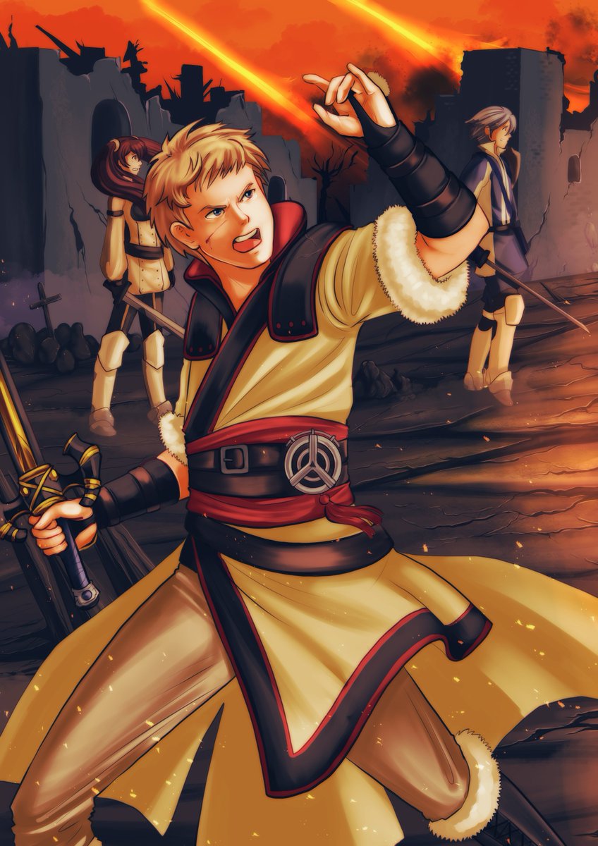card_queen's tweet photo. My contribution to the wonderful @odinzine. It's Owain (and his two besties) escaping from their future. We don't really get to see what their side of history truly looks like but we get glimpses and know it's miserable.
Probably my last zine contribution for a while😤 https://t.co/mzpjQR8aFu