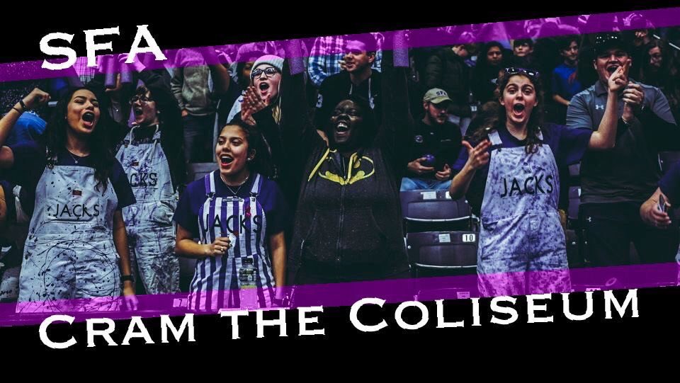SFAPurpleHaze's tweet photo. We know who we’re rooting for. Show up TODAY at 2pm for Cram the Coliseum and show us #whoyourootingfor
Women’s game starts at 2 and men’s game starts at 4:30!
Make sure to show up, wear purple, and be loud!
#ThisIsMyAxe #AxeEm #JacksGetInvolved https://t.co/GmBh6KgCgK