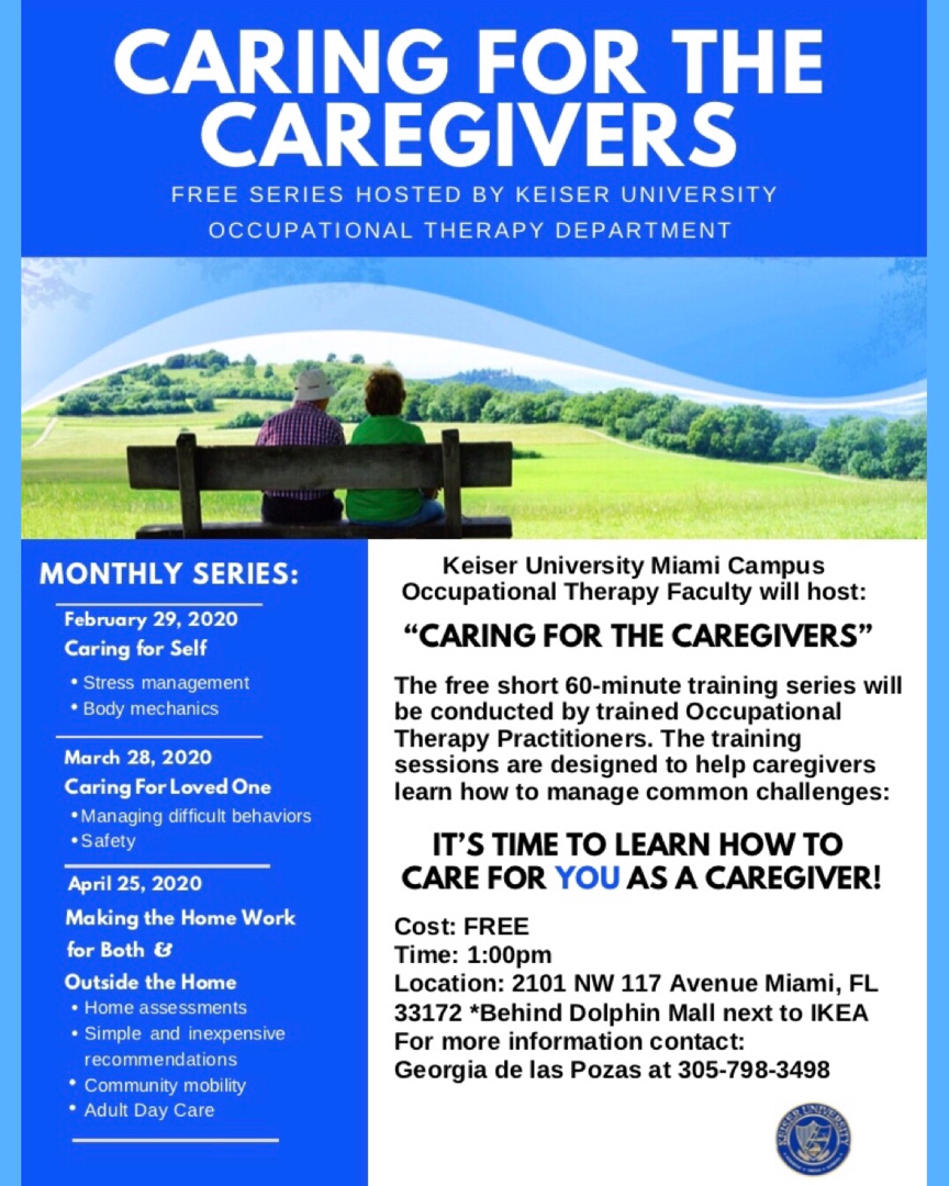 KeiserU's tweet photo. KeiserU #Miami Occupational Therapy Faculty will be holding a Free Seminar Series starting February 29, “Caring for the Caregivers.”
#keisermiami #occupationaltherapy #miamihealth #miamiseminar #miamicaregivers https://t.co/R8ibeLp4r5
