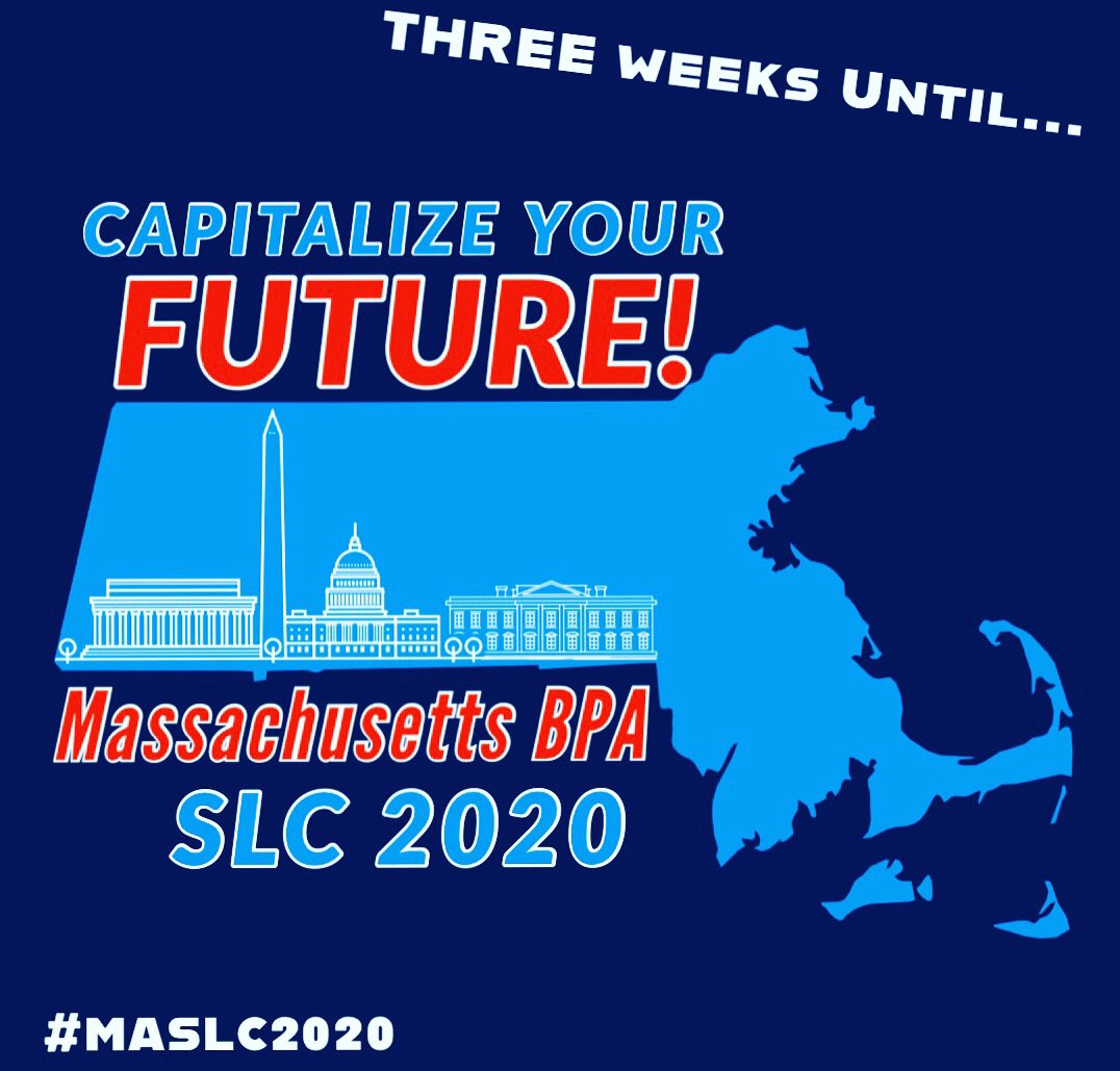 MassBPA's tweet photo. There’s ONLY THREE weeks left until #MASLC2020! Time to get excited!!! This Monday is the final deadline to submit Statesman Torch, State Contests materials, State Officer Application, AND to register for SLC!! #GetReady https://t.co/e18VLqwVCJ