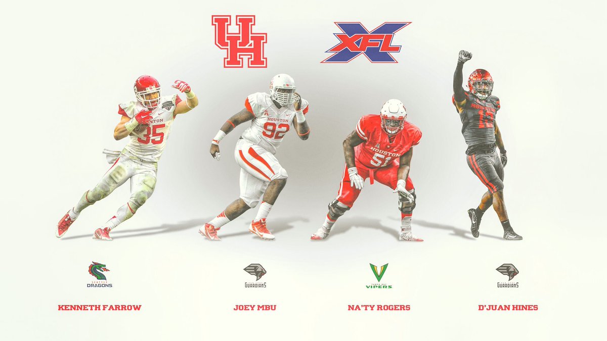 #4verCoog | Four Cougars on XFL rosters as the league begins its season on Saturday. 

🔴 Na'Ty Rodgers
🔴 D'Juan Hines
🔴 Kenneth Farrow
🔴 Joey Mbu 

#3rdWard #fortheH | #GoCoogs