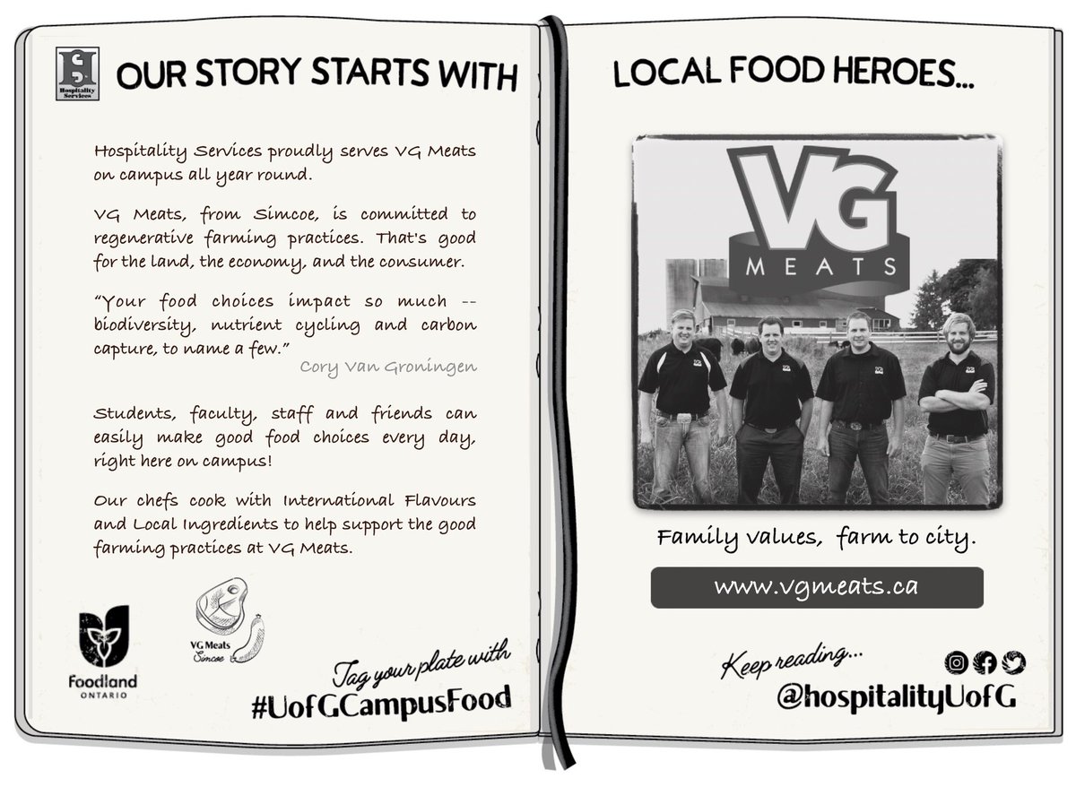 HospitalityUofG's tweet photo. THANK YOU (Cory, Kyle, Chad &amp; Kevin) @VGMeats for providing quality Ontario products for our #UofGChefs to serve year round at #UofG!  Sustainable farming &amp; supporting @FoodlandOntario helps make good food choices #UofGCampusFood #UofGChefs #loveONTFood #WinterliciousOntario ❤️ https://t.co/PmB6ZSh1Us
