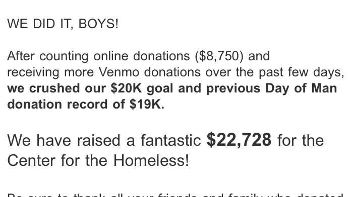 Day of Man 2020 = SUCCESS.

We wanted to thank everyone who supported our cause in any form - through promoting it on social media to donating - for helping us achieve our goal for this year's Day of Man fundraiser.

Until next year!