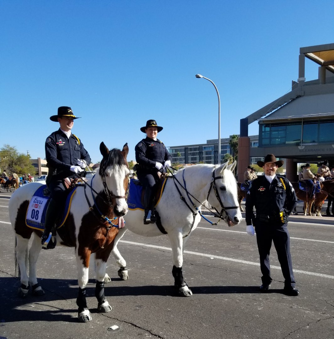 ScottsdalePD's tweet photo. The SPD Mounted Unit rode today in the Parada Del Sol Parade! Pictured is Ofc DeShotel on Koda, Ofc Kimball on Zeus, and Unit Sgt Mastin. #paradadelsol #spdmountedunit https://t.co/zpt5rRVvNR
