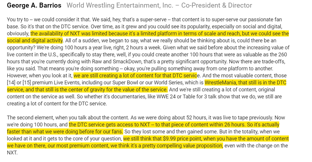 A few worries I have about  $WWE. Empire building is at the top. But I'm also a worried about vision. Recent shift away from their network (first pulling NXT; per Q2'20 call now think about selling) is strange and seems counter to where most media companies want to go.