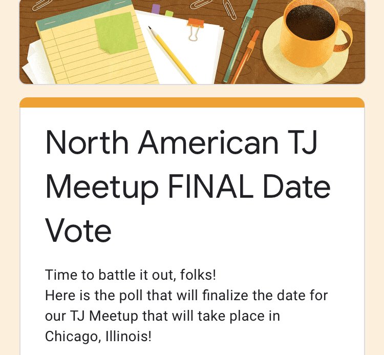 TJMeetup's tweet photo. ⭕️ Twitter Jericho! ⭕️

It is TIME. VOTE NOW to finalize when the TJ meetup should take place in Chicago, IL.

AND join our Discord server (link in 2nd half of the poll)!

Poll closes on FEB 13 @ 12PM CST.

✅ VOTE HERE: https://t.co/QJqepNBJ04 https://t.co/IVtyKvxouZ