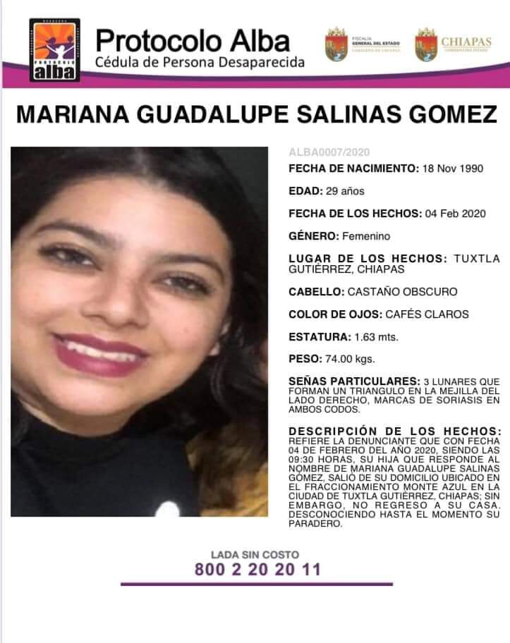 EsferaMX's tweet photo. #TeBuscamosMariana
Nuestra compañera reportera Mariana Guadalupe Salinas Gómez aún sigue desaparecida. Su familia no sabe nada de ella desde el 4 de febrero. 
Pedimos atentamente a la Fiscalía General del Estado de Chiapas que no desista en su búsqueda. #Ayuda https://t.co/lUKEtiETAN