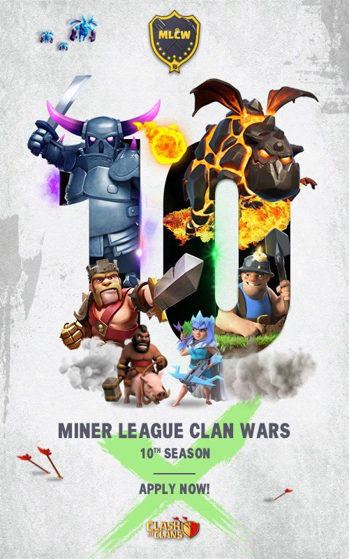 <a href="/MinerLeagueCW/">MLCW</a> Season 10 applications are open!

The first league to reach the season 10 milestone! Congrats!

Season 10 has 6 Divisions
- TH13 10v10 (Brand new!)
- 2 Dip Mixed Divisions
- 3 No-Dip Mixed Divisions

Applications close March 1st!
discord.me/minerleaguecw