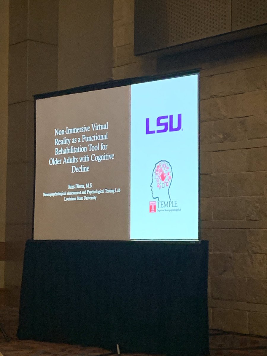 TUcogneuropsych's tweet photo. Another great talk by former (but forever) #GioLab member, @RossDivers, about how virtual reality can be used to train cognitively impaired older adults on everyday functioning. Such important implications! #INS2020inDenver @INSneuro https://t.co/62VWCXhuRE