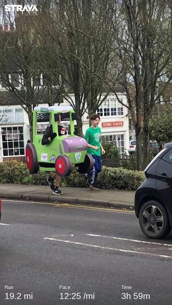 Thank you Tenterden 💚. A fundraising long run, first with tractor costume! Training for World record attempt <a href="/LondonMarathon/">TCS London Marathon</a>    A whole new world of pain but I still give it a 9/10 #ratemyrun <a href="/marathontalk/">Marathon Talk</a>