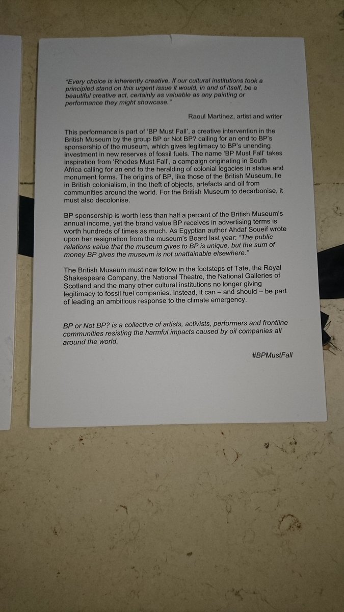 I lent @drop_BP a hand (and a bit of an arm) this evening at #BPMustFall at the @britishmuseum. It is time for the museum to #DropBP. This is a climate and ecological emergency. BP or not BP will continue to build our ‘Monument’ throughout the night. #TroyExhibition