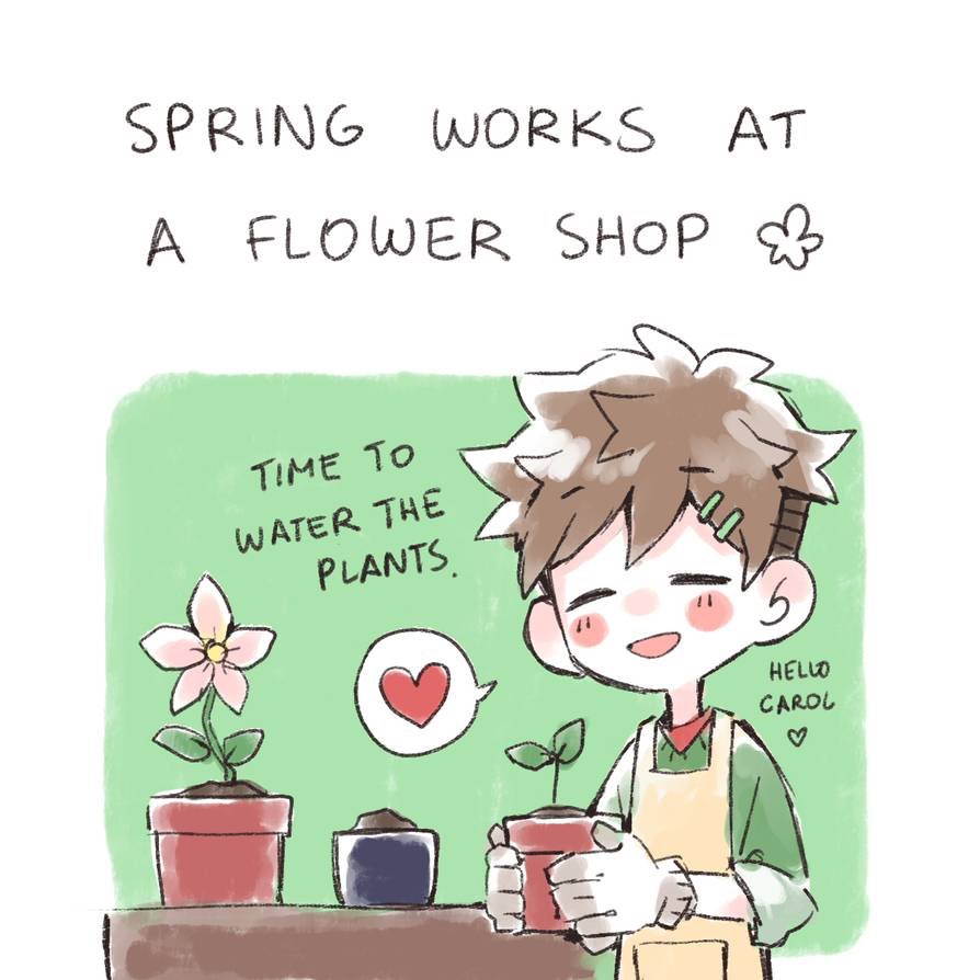 Spring works as a florist whom the plants deem him as their god and Summer as a sexy lifeguard that only saves sandcastles being stepped on. 
