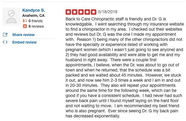 BacktoCare's tweet photo. 💚We are a family chiropractic office!
Kandyce's review is proof of how #chiropractic care can transform #pregnant women's lives. Thank you for sharing it, Kandyce.
.
🙏Need a chiropractor in Buena Park area?
👉Book your appointment today! Call NOW: (714) 527-3332. https://t.co/BsBaOrbwYD