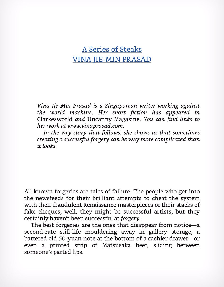 2/8/2020: "A Series of Steaks" by  @vinajiemin, as anthologized in 2018's THE YEAR'S BEST SCIENCE FICTION, edited by Gardner Dozois. Originally published at  @clarkesworld:  http://clarkesworldmagazine.com/prasad_01_17/ 